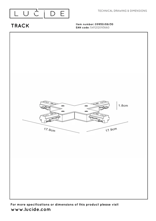 Lucide TRACK X-koppelstuk - 1-fase Railsysteem / Railverlichting - Zwart (Uitbreiding) - technisch